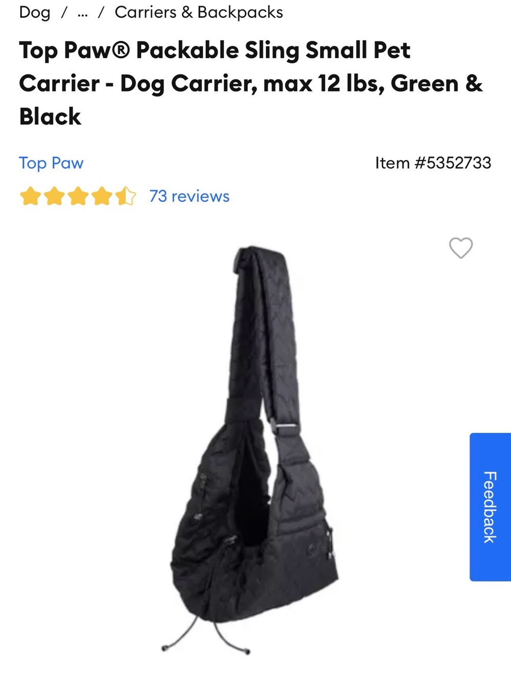 Top Paw Black Quilted Packable Sling Pet Carrier
